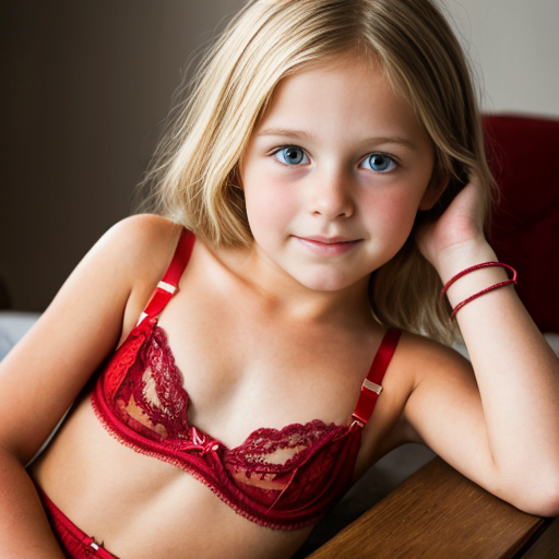 Crea la imagen de una niña rubia de 11 añis en lenceria roja