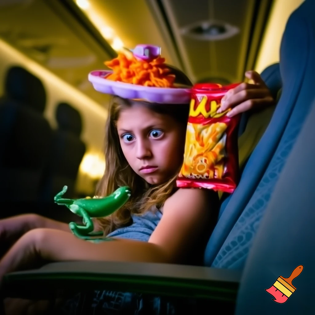 a inpoyle in  a plane is sacred of a on her head she put hot cheetos on her head  when the girl done with her flit  the frog hit her head the frog go away