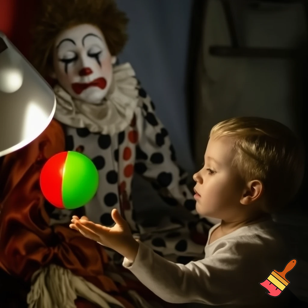 A child reaches out to give the sad circus clown his ball.