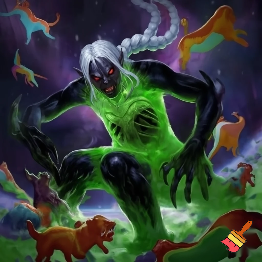 An evil creature with black skin and white curly hair braided into a ponytail, a green jelly-like torso with visible dark bones inside it, limbs dark, the same as his skin, He wears black leather pants, has red eyes, an angry expression, and pointy ears. he is surrounded by feets, Around him, cats on Doritos, a space landscape, and rainbow dogs fly.