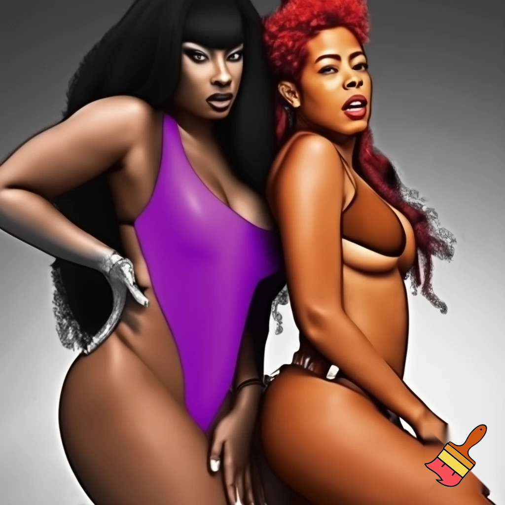 Black and white image of Megan Thee Stallion and Kelis in a sports illustrated magazine photo Kelis wearing a purple bathing suit and Megan Thee Stallion wearing a Brown Bikini