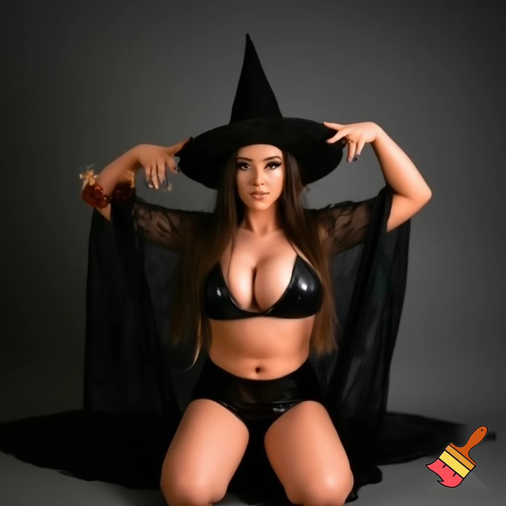 beautiful woman witch outfit, large breasts, kneeling spreading legs barefoot, navel, large thighs, large nipples