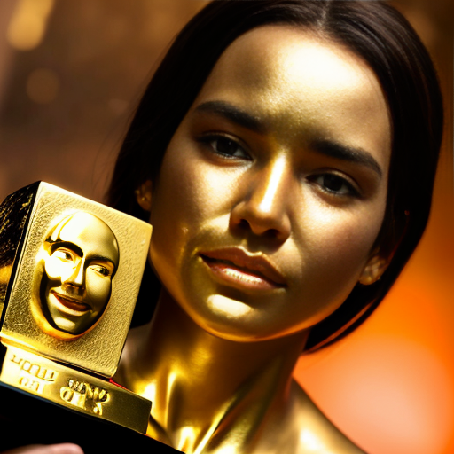 the emotion proud one person gold holding trophy Pixar cartoon style gold skin  happy pretty  gold face inside out movie gold everything orange