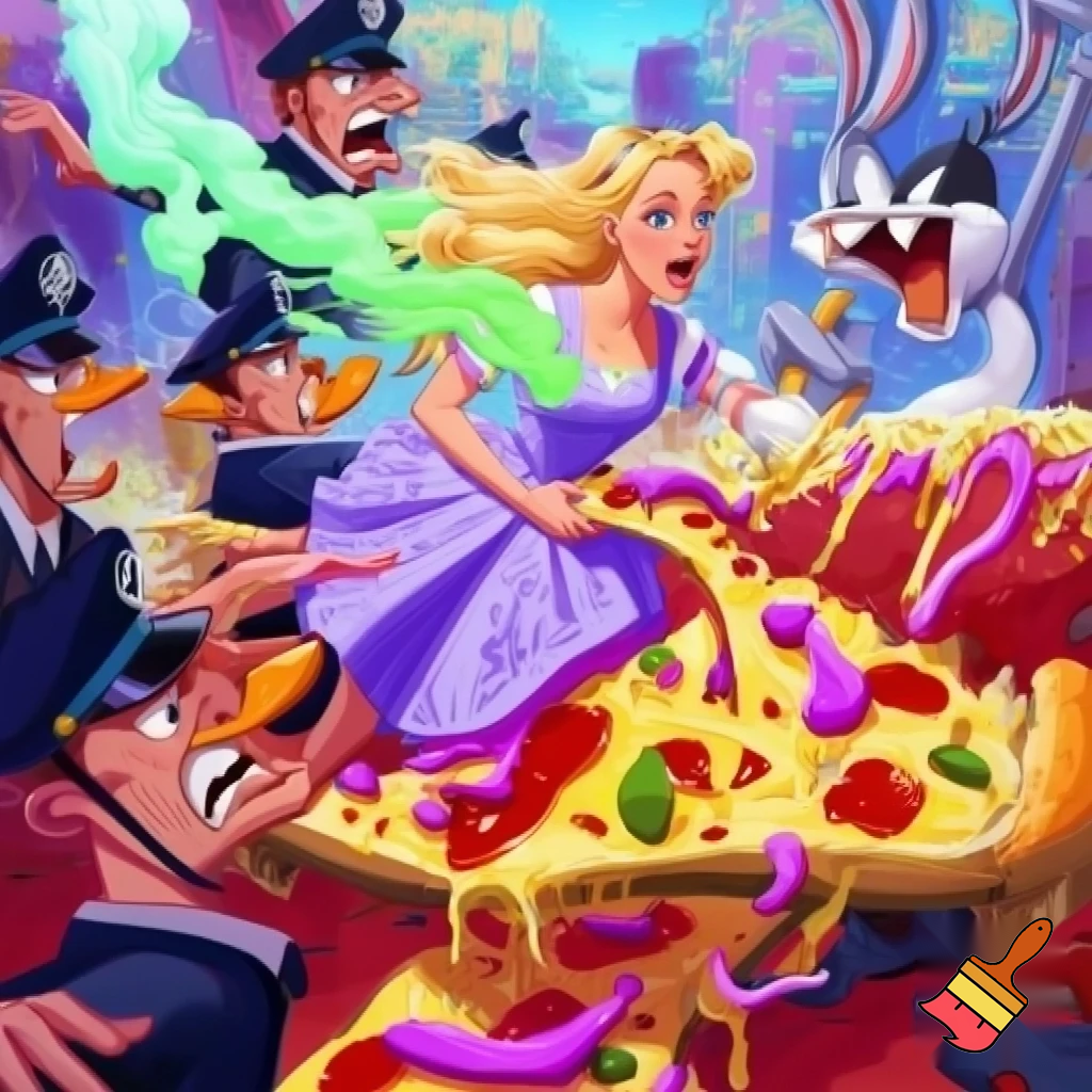 Barbie and Alice angel see bugs bunny and daffy duck running from the police while eating slimey, rotten pizza while farting
