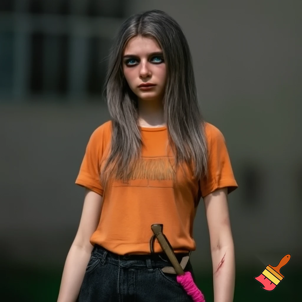 Ein 17 Jahre altes Mädchen das aussieht als währe sie durch viel gegangen klassisch hübsch mit brustlangem aschbraunem Haar und dunkelgrünen Augen aber das linke ist zu Hälfte dunkelblau die trägt ein orangenen Camp halb blood t Shirt und schwarze baggy Jeans an ihrer Seite hängt ein bronzener Dolch der Griff ist mit rosa Garn umwickelt sie hat ein paar Narben und im artstyle von Percy Jackson fanarts 