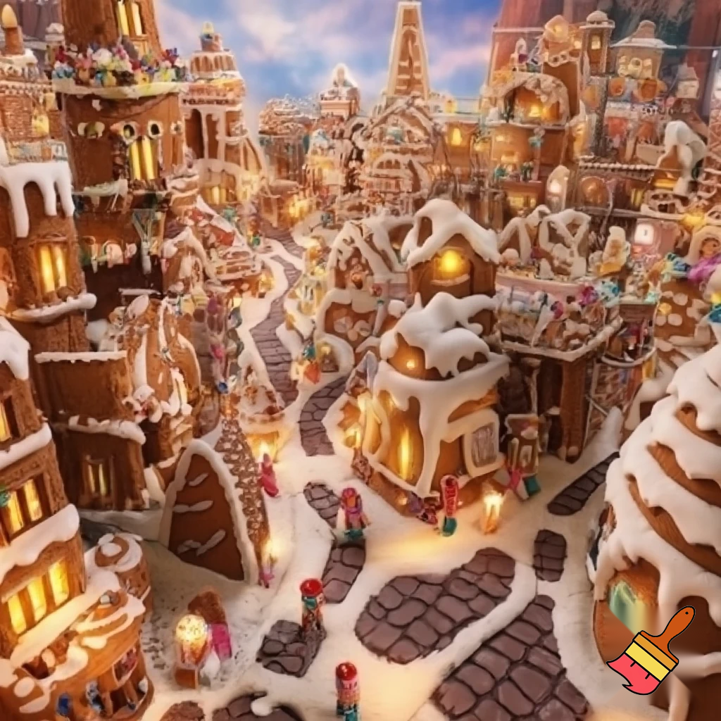 ginger bread house city withsom ginger breads people walking around
