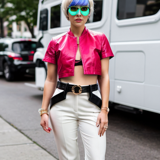 Attractive woman with a pearl blonde pixie cut and a slim build wearing bold makeup, minimal jewelry, a cropped jacket, a bandeau top, cigarette pants with a belt, and peep toe chunky heels 