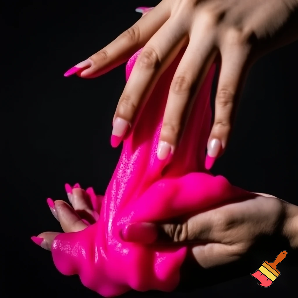crate a picture of hands with hot pink glitter French tip nails playing with lots of fluffy pink slime. Make it look very baddie with dark backround
