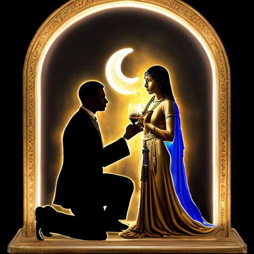 painting. Focus on goddess Desirea, her body covered only by transparent silk veils and thin silver chains. She is leaning forward, offering a glowing ornate chalice. In the foreground, a mature businessman in a sharp dark suit is kneeling, his arms outstretched in desperate supplication to receive the potion. Dramatic contrast between ancient divinity and modern man, ethereal lighting, soft glowing crescent moon, masterpiece, 8k."