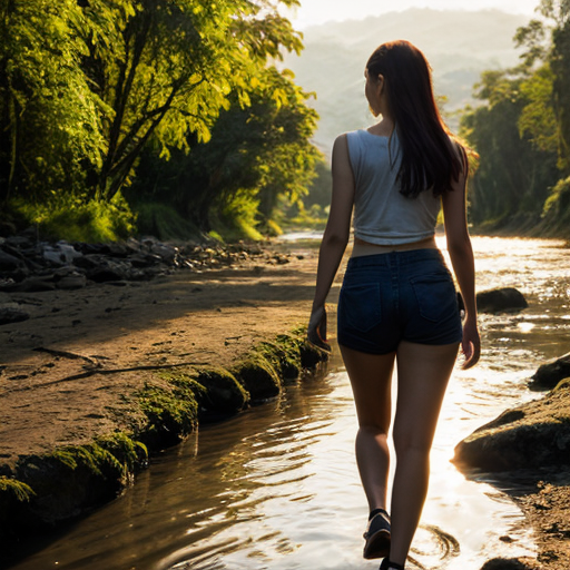 “Teen girl dressing pants in Amazon dawn, teen girl walking beside a river, warm golden light.
