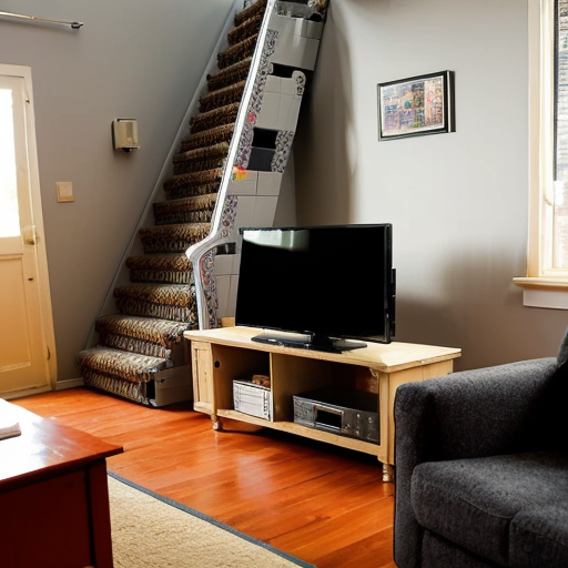 My living room is spacious and has lots of natural light. It has a large L-shaped sofa, a bookcase and some shelves where I keep my various Lego sets. In the centre there is a small coffee table and in front of the sofa there is a huge screen television.
Behind the sofa, I have an amusement park for my cats with a huge scratching post, some tunnels and platforms with stairs where they can walk.