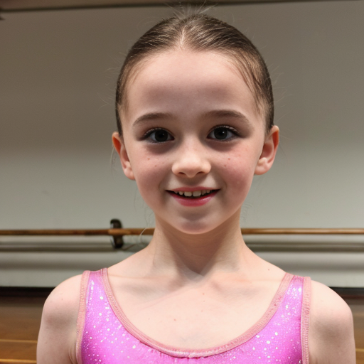 A 12 year old doing ballet (female) dark brown hair and Hazel/brownish eyes and singing too with pink clothes a beauty spot above the mouth and very light brown freckles dancing in ballet style 