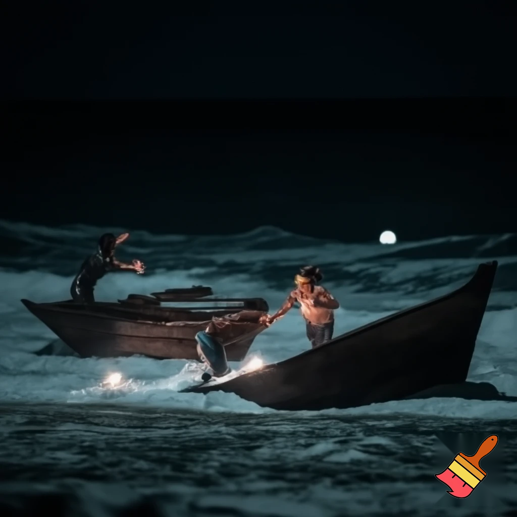 Draw a picture of a night scene of a sinking boat with a girl jumping out of the sinking boat and boarding another boat and another man in the other boat holding the woman's hand and calling her into his other boat.
