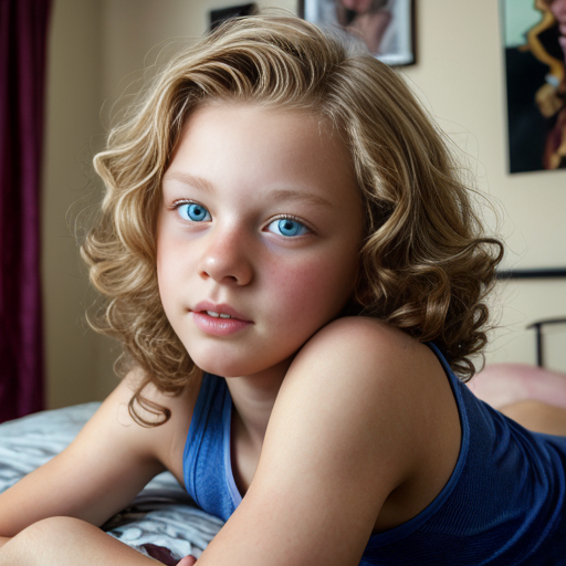 teen ,, , lifelike, portrait, highly detailed, , sharp focus, illustration, art by kittichai  and james gurney and alphonse mucha, ,  with curly blond hair and vibrant blue eyes, photorealistic, at her room, laying