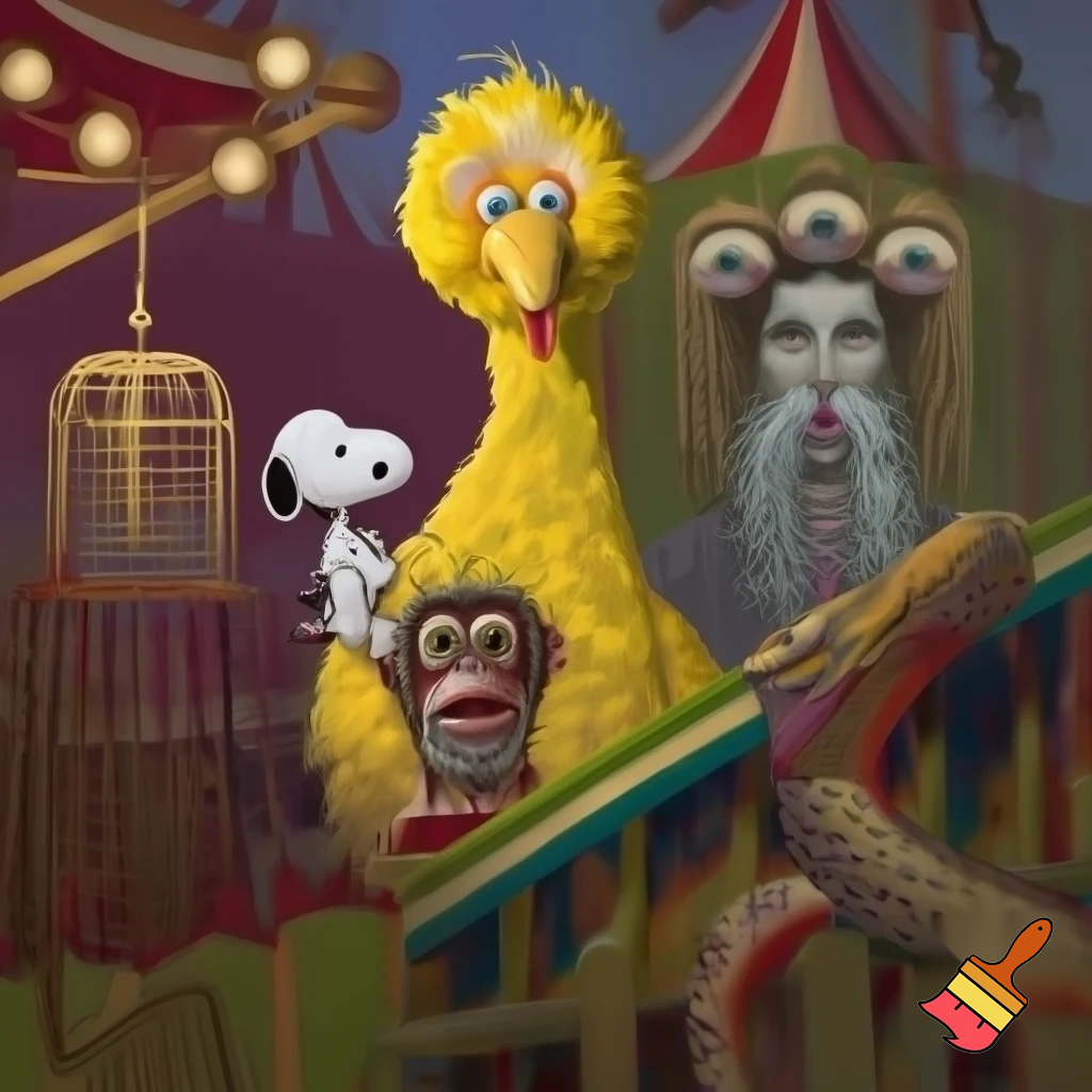 big bird and Snoopy are checking out freak show themed zoo


