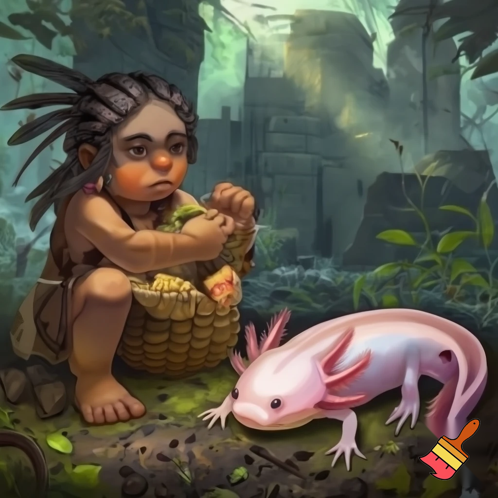 an Aztec boy playing eating ants and an axolotl is in half and has a bite out of it