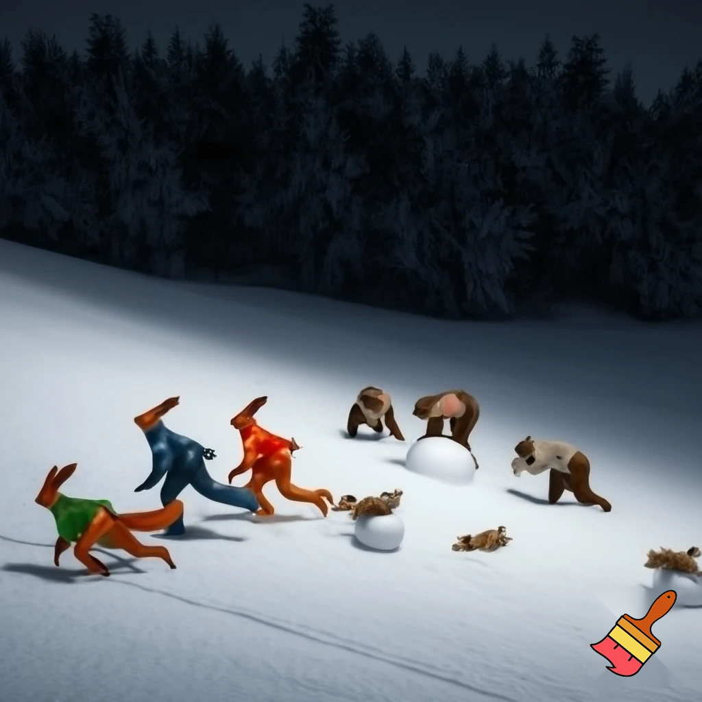 Drawing in old cartoons style. Every object is distinctive. Hares in ski suits are skiing on a snow-covered slope with dense forest on the edges. Next to them foxes in ski suits are skiing on a snow-covered slope with dense forest on the edges. Next to them bear cubs in winter clothes are making a snowman on a snow-covered slope with dense forest on the edges. Next to them squirells in winter clothes are playing with snowballs on a snow-covered slope with dense forest on the edges at dark night
