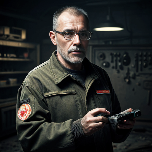 Cinematic portrait of Ingeniero Valdés, a rugged elderly scientist with weathered skin and sharp grey eyes. He wears a heavy olive-drab tactical field jacket over a dark red sweater. Messy salt-and-pepper hair, thick dark-rimmed glasses with visible scratches. Holding a retro-futuristic bronze device with glowing blue tubes. Hyper-realistic, 8k resolution, detailed texture, dark workshop background with floating dust particles, gritty atmosphere, moody lighting.