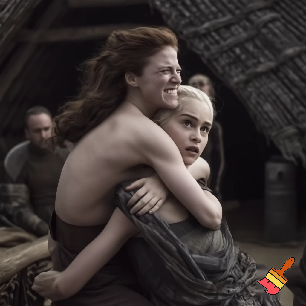 Rose Leslie and Daenerys Targaryen fighting in a hut, Rose Leslie is is sitting astride on top of Daenerys .both are naked and hugged togheter
