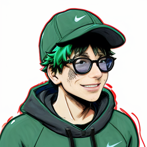 Izuku Midoriya from My hero academia wearing drippy glasses with nike tech fleece and a sideways cap for a profile picture
