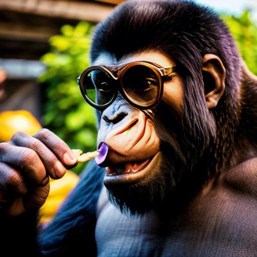 a purple male with glasses and buckteeth eating a banana, a gorilla is in the background looking angry as it was his banana, there is an alien with glasses and holding a green can that says a beer