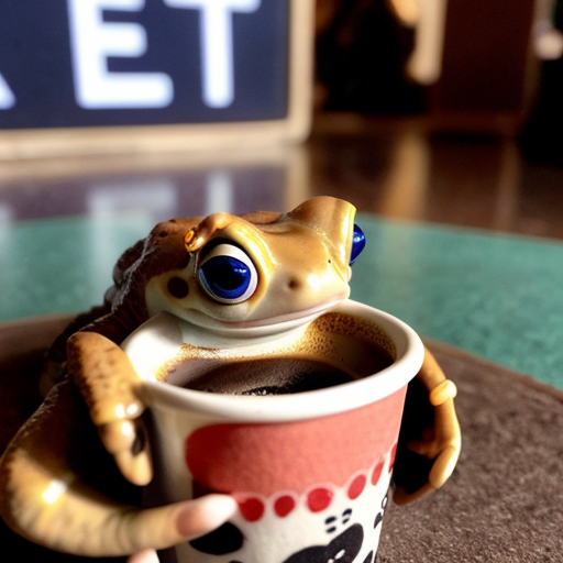 A hillarious, funny boho toad with some hippie colored coffee cups. Psychedelic decorated background, hyperrealistic. Close-up view.
