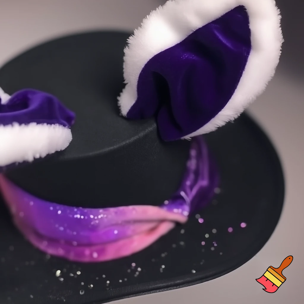 Black top hat with bunny ears velvet white and purple purple and white headband fabric and velvet glitter, purple and pink