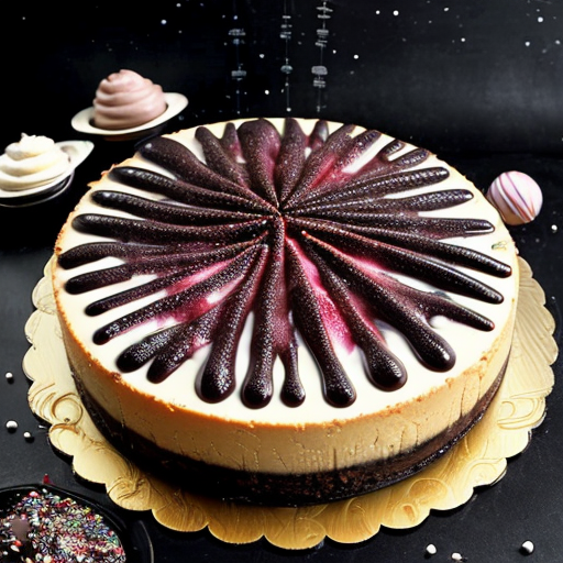give the thing a outer space theme Galaxy Swirl Cheesecake:A cheesecake full of chocolatey goodness and flavors out of this world. It has star sprinkles and galaxy shaped twirls.  make the background outer space and make the cake more outer spacey 
 
