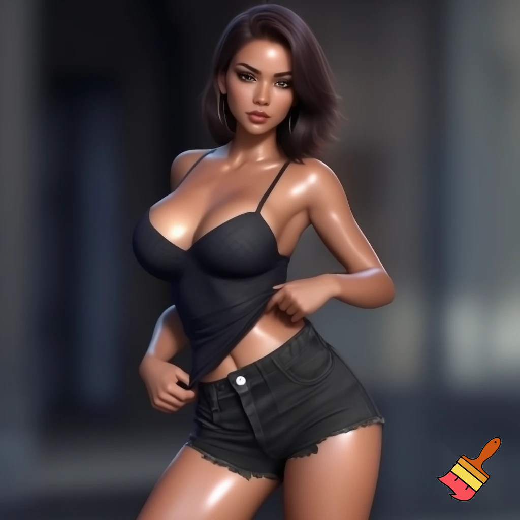 girl 20 years old so cool and cute is dressing a low cut dress and very revaluing and cool short black jeans is standing make is so realistic is doing an cool pose and the girl is holding her jeans with cool pose and her body is shiny and her face and waist and ass is so cool and make it so cool and so so so cute