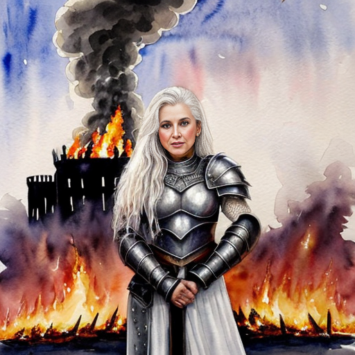 young, tall, white-haired woman in armor stands in front of a burning castle into which meteorites are falling.