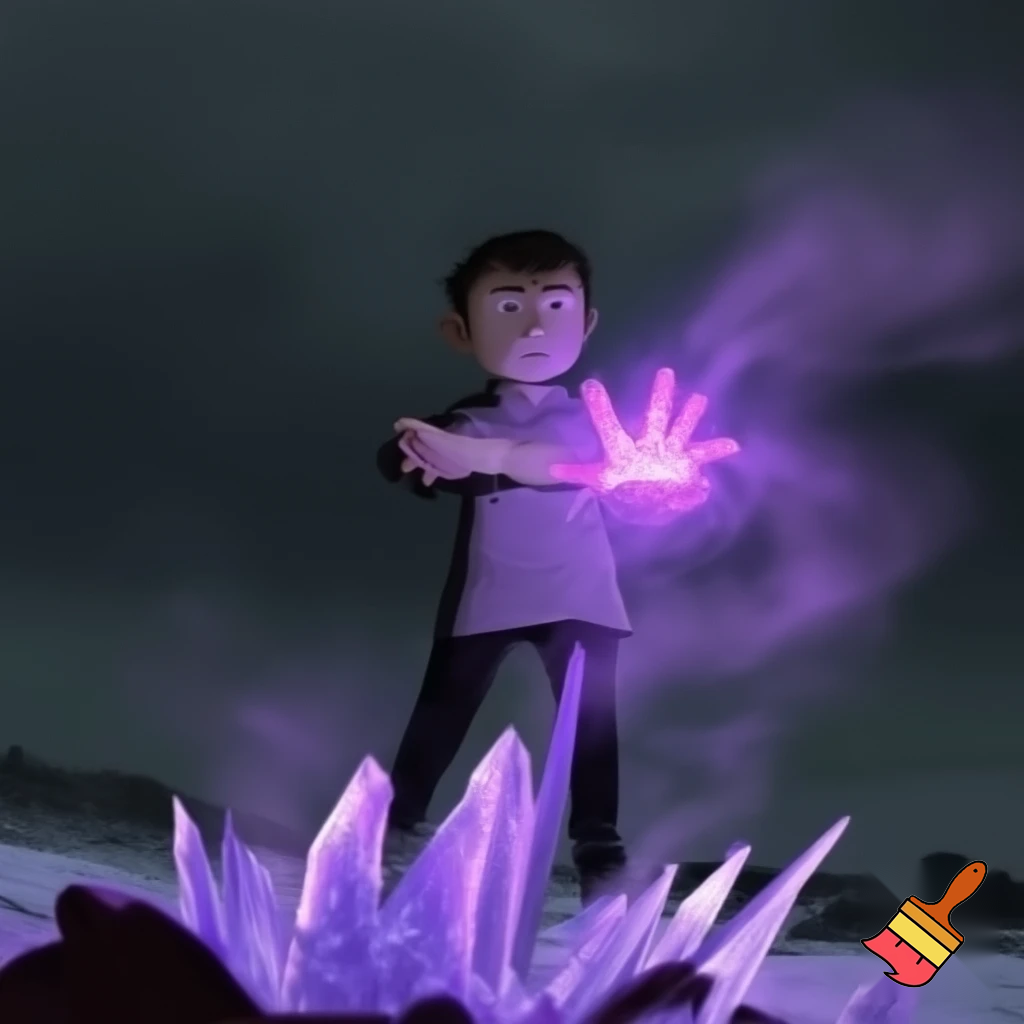 older boy with his glowing purple hand out to the right, purple tinted ice erupting from the ground in spires