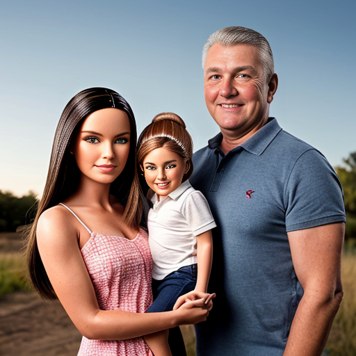 make a family photo of 3 with a 3 year old barbie and a 15 year old ken with there dad.   make barbie 3 years old