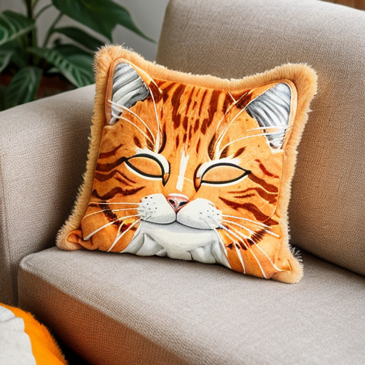 A fluffy orange cat sleeping on a soft cushion, peaceful expression, warm cosy colours in cartoon style