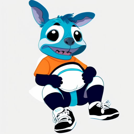 Stitch as a giant sitting down wearing his diaper and sneakers 