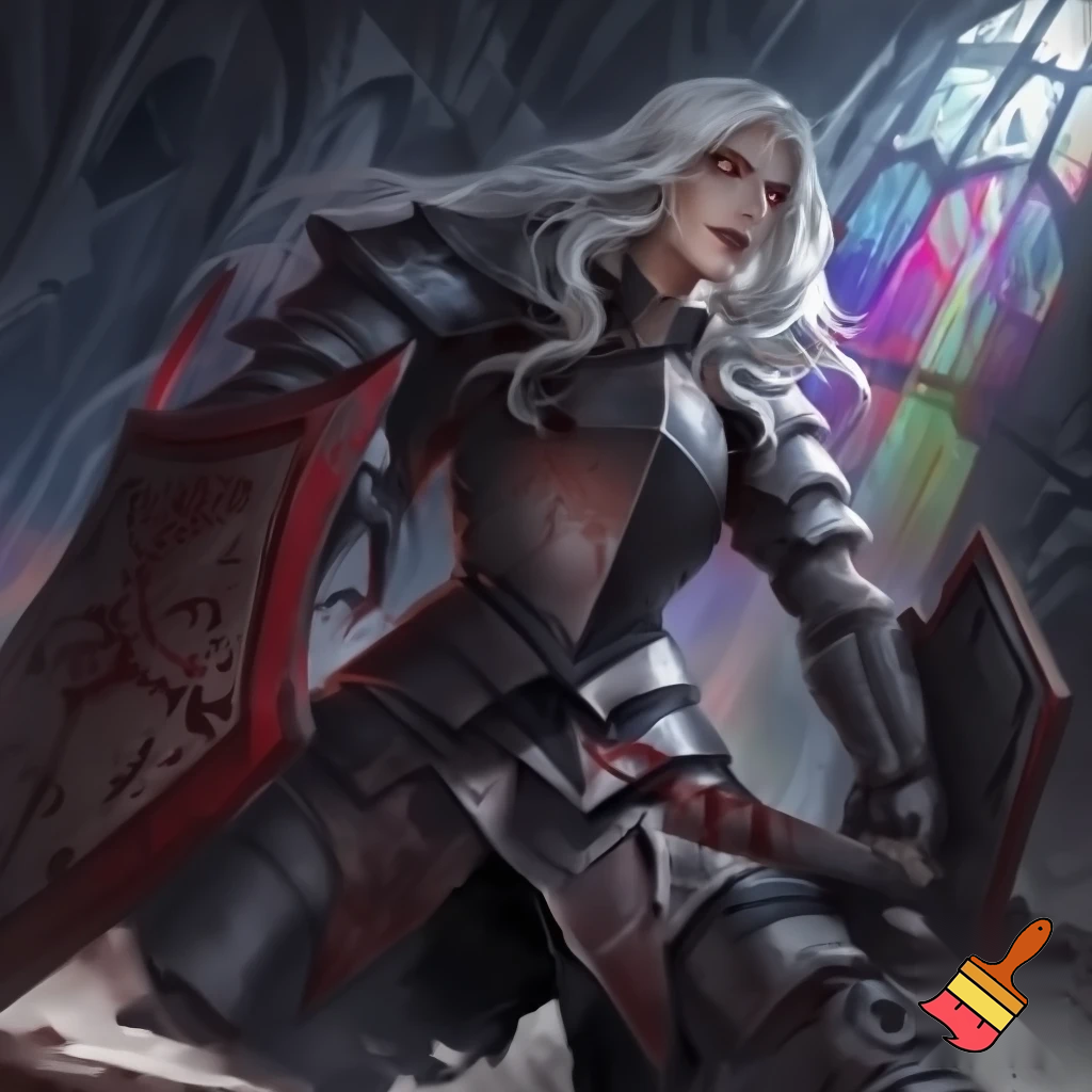 Pathfinder. dhampir female. heavy armor. Sword and shield. Gothic. High quality. Dynamic pose. White hair red eyes.