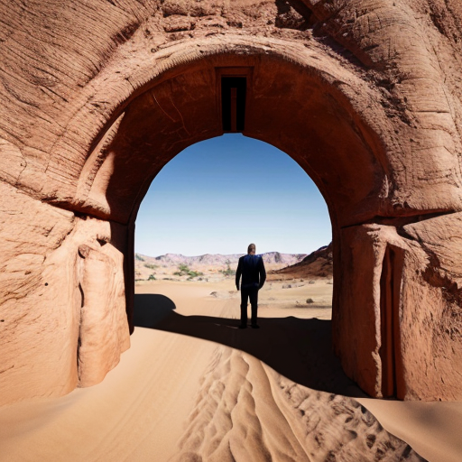 Put abstract figures in the center part of an arch in a desert landscape in Tanguy style
