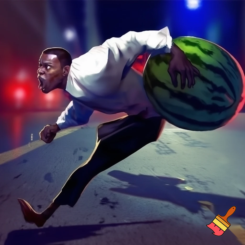 black guy running from cops with stolen watermelon
