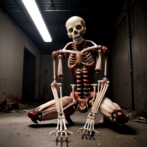 Highly detailed photorealistic image of a grotesque biomechanical horror figure sitting slumped on a dirty concrete floor in a dark abandoned industrial basement, night time, dim overhead lighting. The creature has a bald, pale, rotting human-like head with exposed red muscle tissue and sinew on the neck and shoulders, partially skinned torso revealing raw bloody flesh, muscle fibers, tendons and organs. Its arms and legs are constructed from white PVC pipes and metal rods crudely attached to the flesh with visible screws, bolts, and duct tape. The limbs are a mix of real decaying human arms and legs with bloody torn skin and exposed bone, fused with the pipe prosthetic structure. Bloody stumps where flesh meets plastic and metal. Realistic wet glistening blood, raw meat texture, detailed gore, horror atmosphere. Dark grimy background with concrete walls and floor, scattered debris, cinematic lighting, photorealistic, ultra-detailed, 8k, horror photography style --ar 3:4 --stylize 0 --v 6"