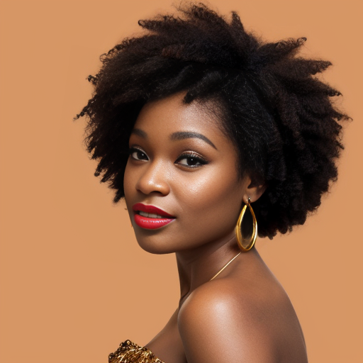 Generate an art-portrait of a young African American woman, resembling Whitney Houston, with a spiral afro hairstyle. She wears a copper-orange satin off-the-shoulder top, red lipstick, and sapphire earrings. The image has a background with gold fragments that look like gold leaf.
