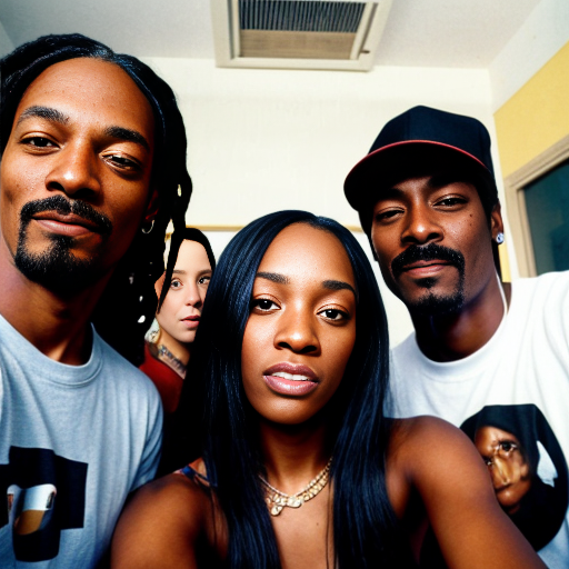 Snoop dogg taking a selfie with friends. 1990s color photo. 