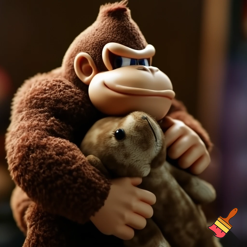 Donkey Kong hugging a teddy bear