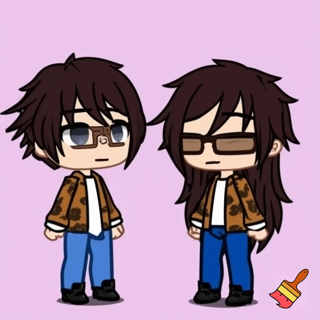 A Gacha brown boy with dark brown hair, brown glasses and a brown pattern jacket with a white shirt, blue pants and black shoes. 