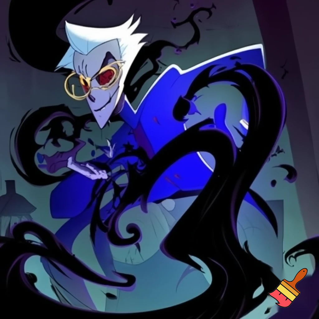 A tall, lean pale man with white hair, distinctive round brass glasses he has a stern look on his face. his face In cartoonish art style of hazbin hotel wearing his signature blue overcoat with black sinister smoke curling around him his hand reaching out, producing the black sinister smoke
