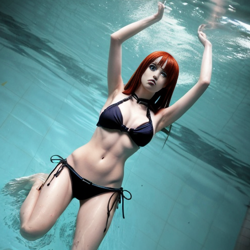 Gothic spider girl anime with blue eyes and a bikini, swimming with her legs spread.