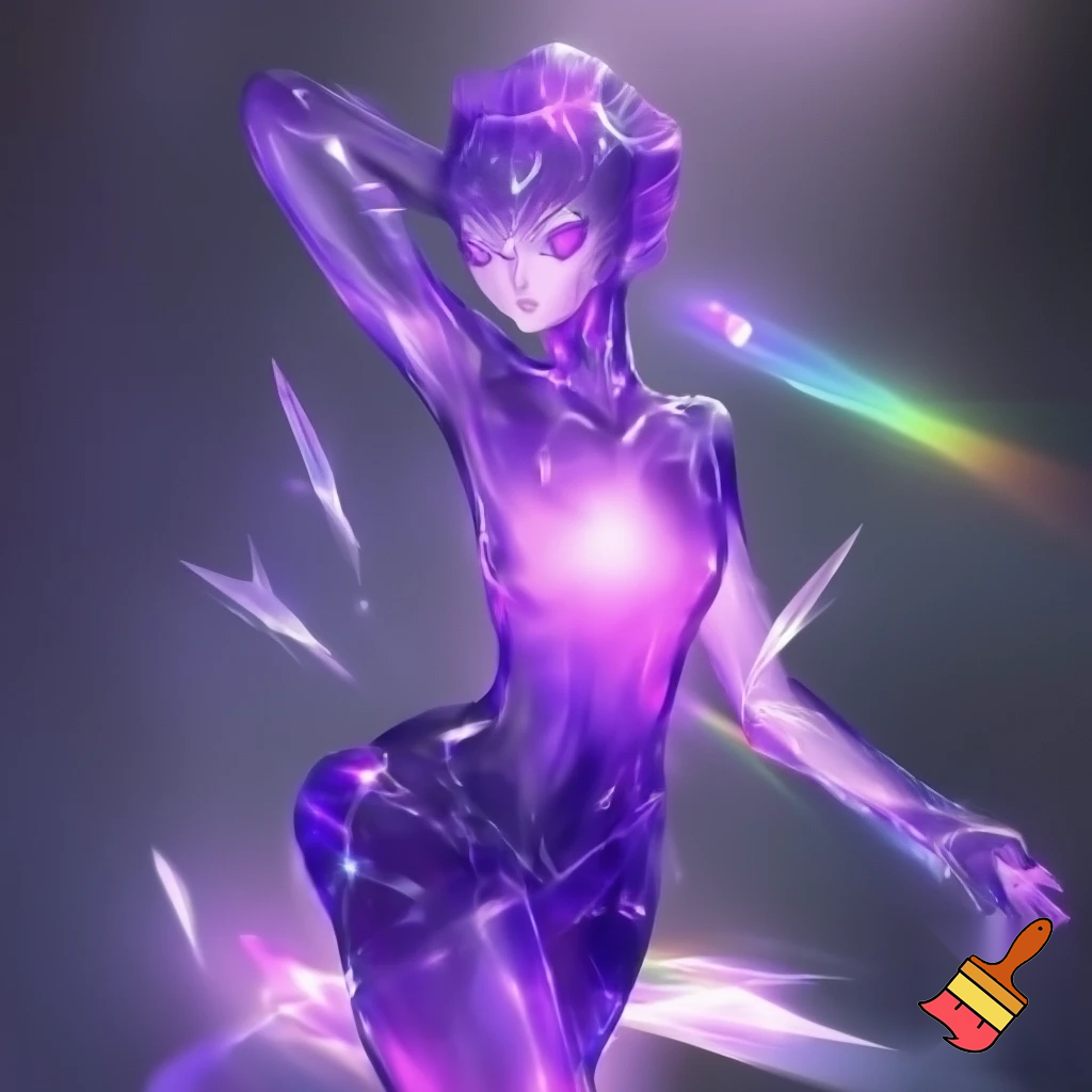 A humanoid crystal creature made of transparent purple gemstone shaped like a living person, with a smooth feminine silhouette and articulated limbs. Her body glows softly from the inside with violet light, and her face has expressive eyes carved from crystal, not faceless. Her surface catches reflections and sparkles, but she clearly looks alive, flexible and animate, not a solid block. She stands in a gentle pose, magical and elegant, with prisms of light around her.