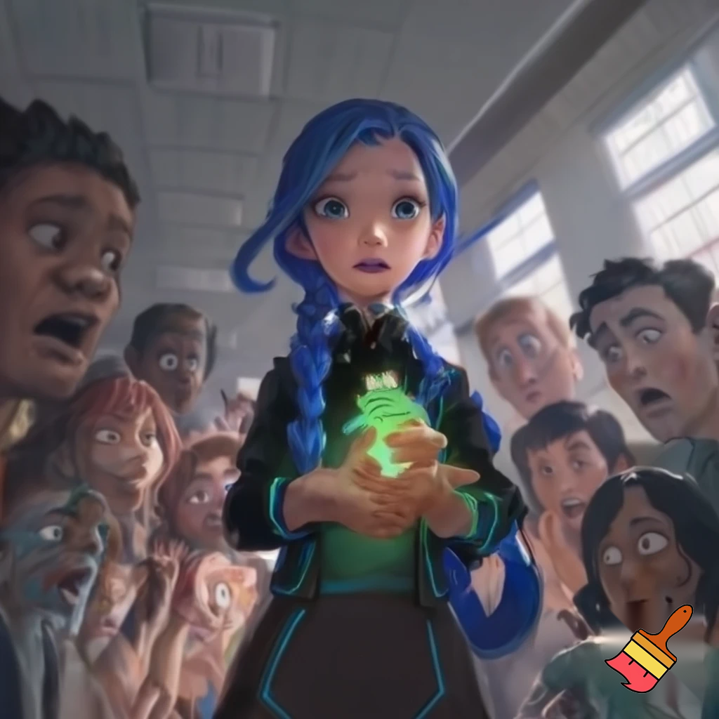 girl with blue braid and has a black jacket with blue eyes holding a frog all the people are looking at the frog scared at shcool the people opened there jaw