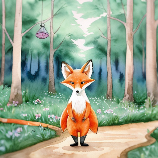 Children’s book watercolor illustration, soft pastel palette, warm magical forest atmosphere.

Andy, a small cute fox cub with bright orange fur, cream belly, fluffy oversized tail and big amber expressive eyes, stands in the Forest of Colors while the animals prepare for the traditional Glowing Path ceremony.

Around him, rabbits, hedgehogs, birds and squirrels decorate a winding forest path with tiny lanterns and flowers. Fireflies begin to gather above the path like floating stars. The trees are tall and colorful, with warm light filtering through the leaves.

Andy looks excited and curious, ears lifted and tail gently swaying.

Style: soft watercolor children’s book illustration, dreamy lighting, cozy magical forest, gentle details, storybook style, soft edges.

Use the reference image of Andy the fox to keep the same character design.