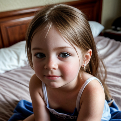 auburn little girl, sitting on bed, on the bedroom, close up