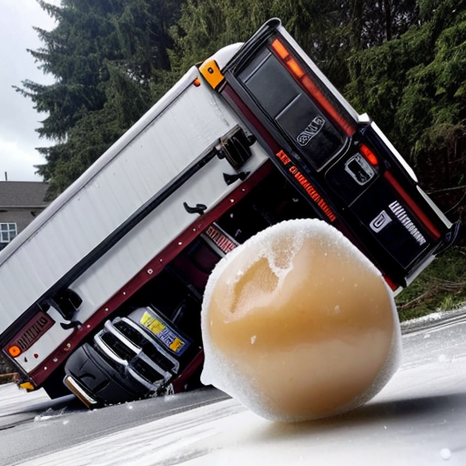Semi-truck crushed by giant hailstone on top of it