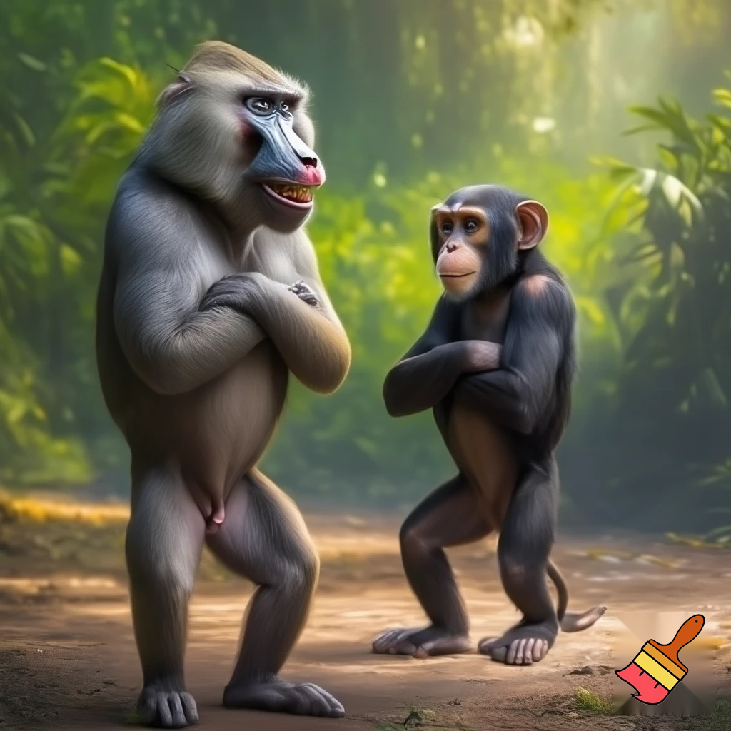 A baboon smiling and standing on his two legs with his arms crossed and looking at a chimpanzee that is standing on his two legs with his arms crossed and smiling